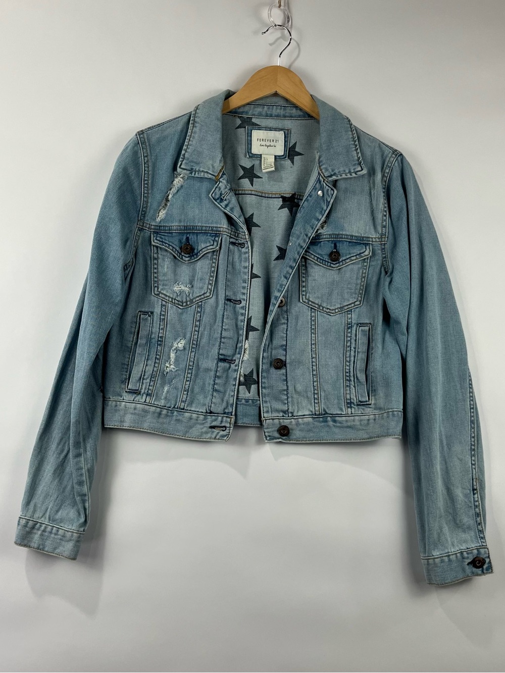 Forever 21 L 100% Cotton Distressed Denim Jacket Star Print Metal Buttons
